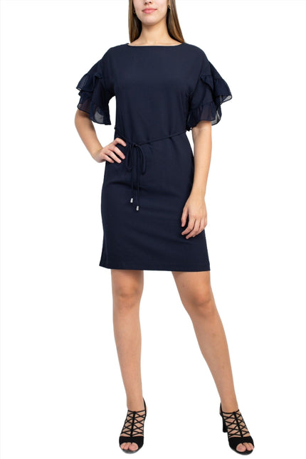 Emma & Michele Boat Neck Flutter short Sleeve Tie Waist Bodycon Solid Crepe Dress by Curated Brands