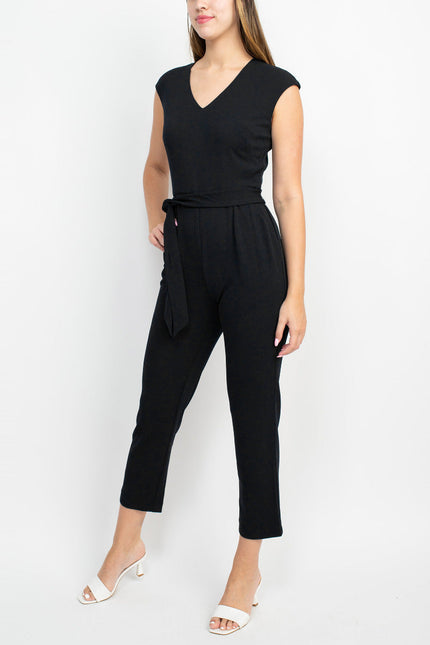 Nine West V-Neck Sleeveless Tie Waist Zipper Back Solid Crepe Jumpsuit with Pockets by Curated Brands