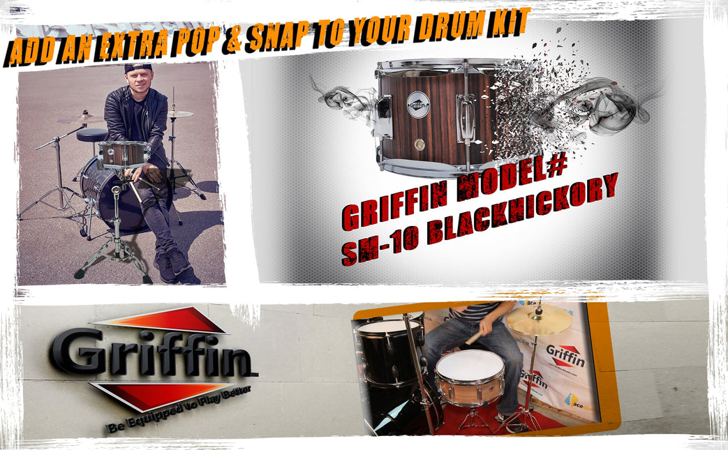 GRIFFIN Firecracker Snare Drum - Acoustic Popcorn 10" x 6" Poplar Mini Wood Shell & Black Hickory by GeekStands.com