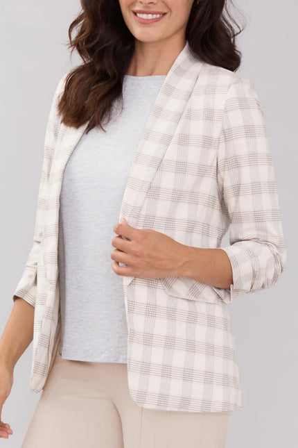 Peace of Cloth Lapel Collar Ruched Sleeve Plaid Crepe Blazer by Curated Brands