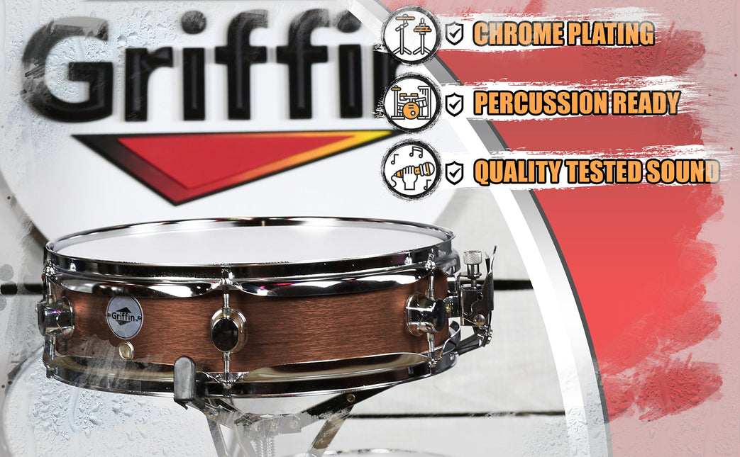 Piccolo Snare Drum 13" x 3.5" by GRIFFIN - 100% Poplar Wood Shell Hickory Finish & Coated Drum Head by GeekStands.com