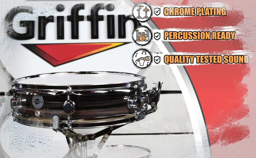 Piccolo Snare Drum 13" x 3.5" by GRIFFIN - 100% Poplar Shell Zebra Wood Finish & Coated Drum Head by GeekStands.com