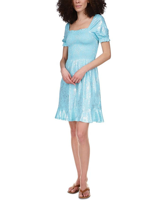 Michael Kors Women's Foil Print Smocked Peasant Dress Blue by Steals