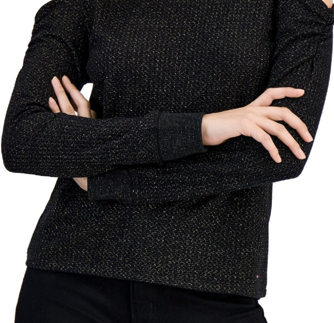 Tommy Hilfiger Women's Metallic Waffled Cold Shoulder Shirt Black by Steals