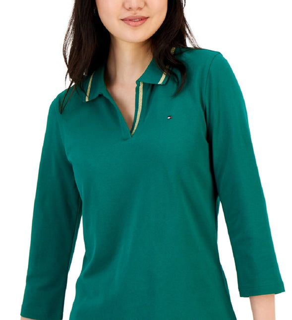 Tommy Hilfiger Women's Striped Johnny Collar 3/4 Sleeve Polo Top Green by Steals