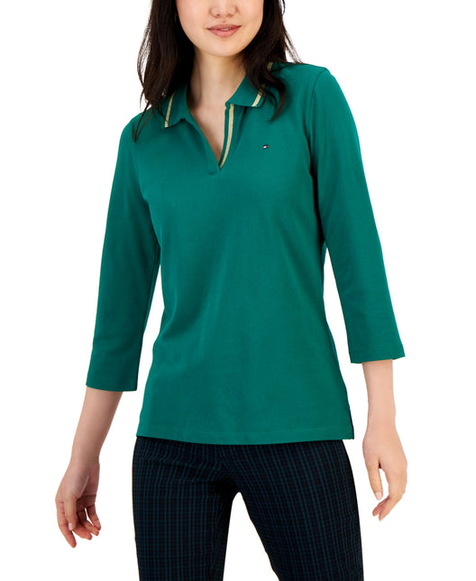 Tommy Hilfiger Women's Striped Johnny Collar 3/4 Sleeve Polo Top Green by Steals