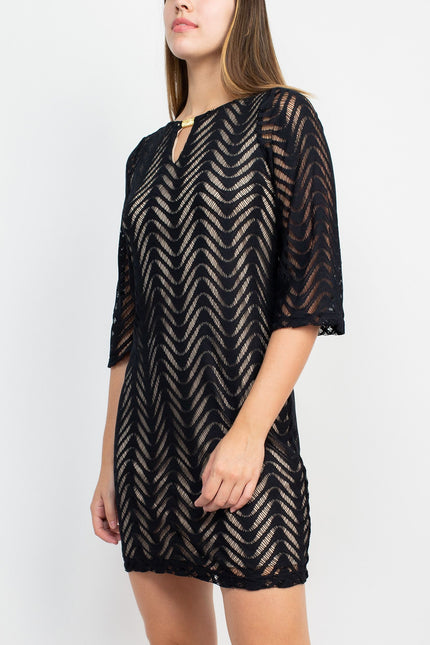 Emma & Michele Round Neck Keyhole Front 3/4 Sleeve Wave Pattern Knit Dress by Curated Brands