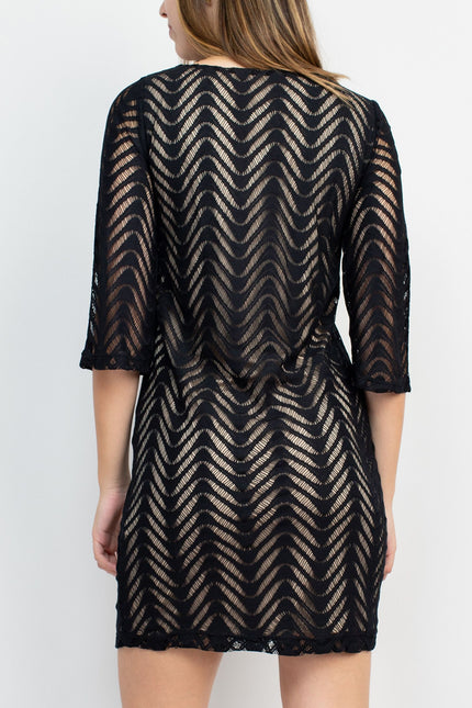 Emma & Michele Round Neck Keyhole Front 3/4 Sleeve Wave Pattern Knit Dress by Curated Brands
