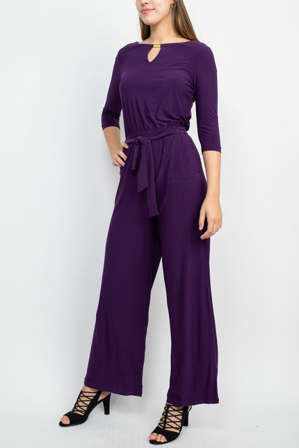 Emma & Michele Boat Neck Keyhole Front 3/4 Sleeve Tie Waist Blouson Keyhole Back Jersey Jumpsuit by Curated Brands