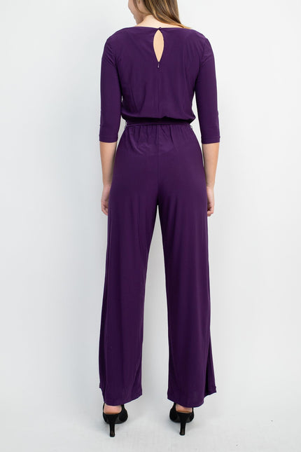 Emma & Michele Boat Neck Keyhole Front 3/4 Sleeve Tie Waist Blouson Keyhole Back Jersey Jumpsuit by Curated Brands