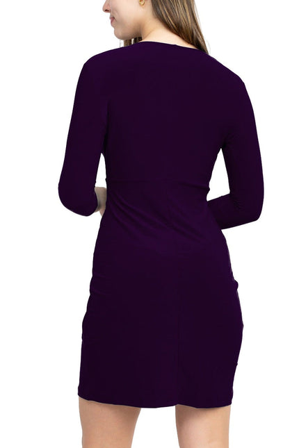 Emma & Michele V-Neck Gathered Front 3/4 Sleeve Solid Jersey Dress by Curated Brands