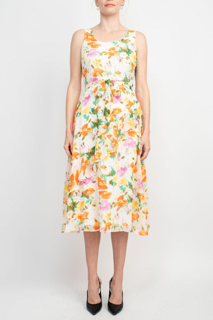 Maison Tara Scoop Neck Back Zipper Sleeveless Floral Midi Dress with Matching Chiffon Jacket by Curated Brands