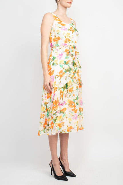 Maison Tara Scoop Neck Back Zipper Sleeveless Floral Midi Dress with Matching Chiffon Jacket by Curated Brands