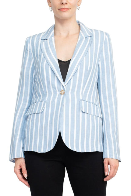 Philosophy Notched Collar Long Sleeve One Button Closure Stripe Pattern Linen Blazer by Curated Brands