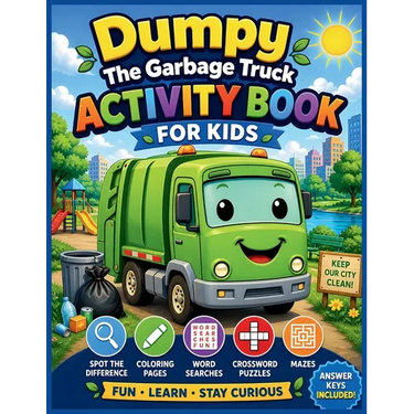 Dumpy The Garbage Truck Activity Book For Kids: Fun Spot the Difference, Coloring Pages, Word Searches, Crossword Puzzles, and Mazes with Answer Keys