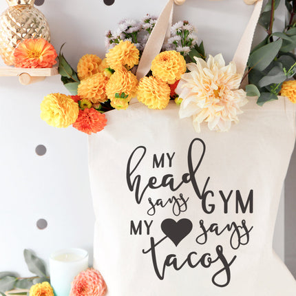 My Head Says Gym, My Heart Says Tacos Gym Cotton Canvas Tote Bag by The Cotton & Canvas Co.