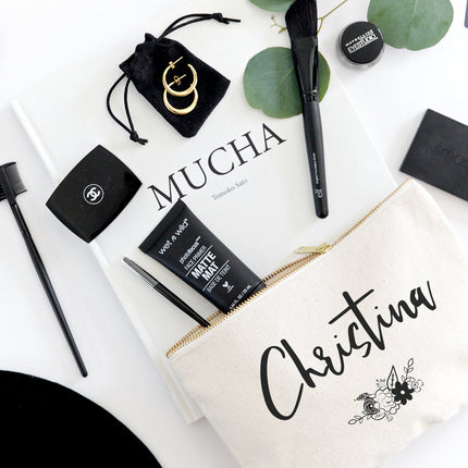 Personalized Name Black and White Floral Cosmetic Bag and Travel Make Up Pouch by The Cotton & Canvas Co.