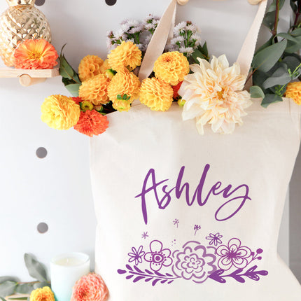 Personalized Name Purple Floral Cotton Canvas Tote Bag by The Cotton & Canvas Co.