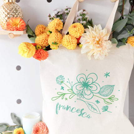 Personalized Name Aqua Floral Cotton Canvas Tote Bag by The Cotton & Canvas Co.