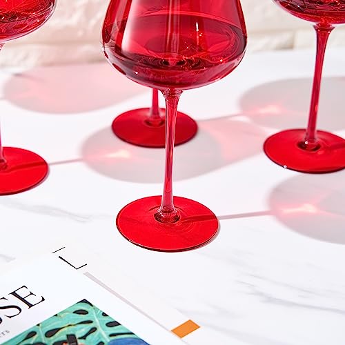 Colored Crystal Wine Glass Set of 6, Gift For Hosting, Her, Wife, Mom Friend - Large 20 oz Glasses, Unique Italian Style Tall Drinkware - Red & White, Dinner, Color Beautiful Glassware - (Bright Red) by The Wine Savant