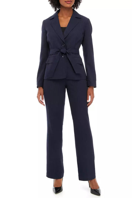 Le Suit Women's Tonal Stripe Belted Jacket and Side Zip Pants Set by Curated Brands