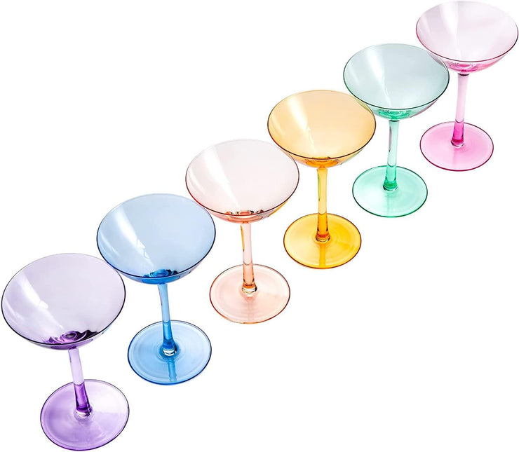 Colored Coupe Glasses Set of 6 | 12 oz Classic Cocktail Glassware for Champagne, Martini, Manhattan, Cosmopolitan, Sidecar, Crystal Speakeasy Style Goblets Stems, Elegantly Vintage Color by The Wine Savant