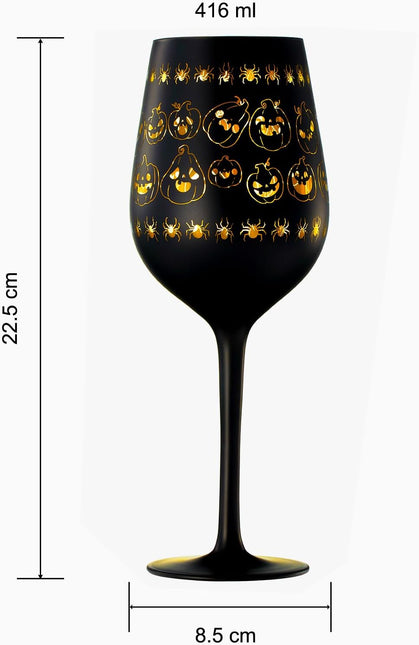 Crystal Halloween Stemmed Wine Glasses - Set of 2 - Pumpkin Themed Vibrant Black & Gold Spooky Ghost Pattern Frosted Glass, Perfect for Themed Gothic Parties Trick Or Treat Gifts for Him Her (16 OZ) by The Wine Savant