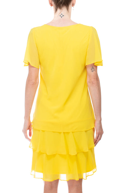 Marina crew neck embellished keyhole front short sleeve tiered solid chiffon dress by Curated Brands