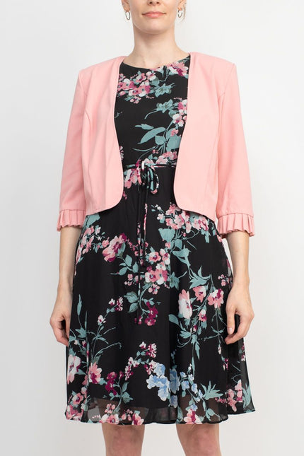 Studio One Crew Neck Sleeveless Tie Waist Floral Print Chiffon Dress with 3/4 Sleeve Textured Bolero by Curated Brands