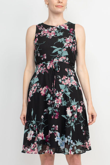Studio One Crew Neck Sleeveless Tie Waist Floral Print Chiffon Dress with 3/4 Sleeve Textured Bolero by Curated Brands