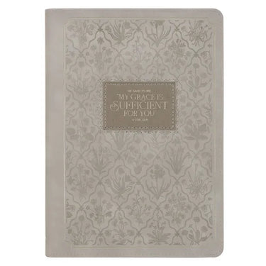 Christian Art Gifts Inspirational Zippered Journal, My Grace Is Sufficient for You Wide Ruled Notebook, 2 Cor. 12:9 Bible Verse, Taupe Vegan Leather,