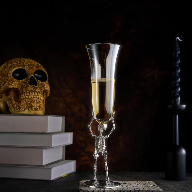 Skeleton Champagne Flute Glass | Single | 7.5oz Halloween Skeleton Glasses 10" H, Goth Gifts, Skeleton Gifts, Skeleton Decor, Spooky Wine Gift Set, Perfect for Halloween Themed Parties by The Wine Savant