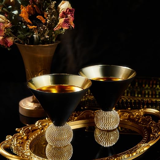 The Wine Savant Diamond Studded Martini Glasses Set of 2 Black & Gold Rimmed Modern Cocktail Glass, Rhinestone With Stemless Crystal Ball Base, Bar or Party 10.5oz, Swarovski Style Crystals by The Wine Savant