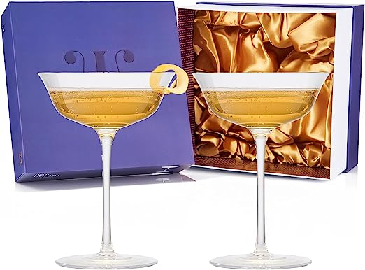 Vintage Crystal Coupe Glasses, Set of 2, Clear Radiance - Champagne, Martini, Cocktails - Hand Blown Classy Glass -Timeless Art Deco Design - Durable Sparkling Cocktail Barware, Home Bar (8 OZ) by The Wine Savant