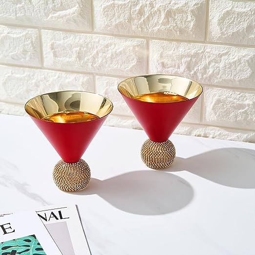 The Wine Savant Diamond Studded Martini Glasses Set of 2 Matte Red & Gold Modern Cocktail Glass, Rhinestone Diamonds With Stemless Crystal Ball Base, Bar or Party 10.5oz, Swarovski Style Crystals by The Wine Savant