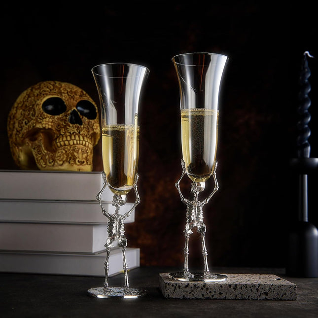 Stemmed Skeleton Champagne Flute Glass | Set of 2 | 7.5oz Halloween Skeleton Glasses 10" H, Goth Gifts, Skeleton Gifts, Skeleton Decor, Spooky Wine Gift Set, Perfect for Halloween Themed Parties by The Wine Savant