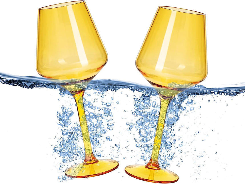 Floating Wine Glasses for Pool - Set of 2-15 OZ Shatterproof Poolside Wine Glasses, Tritan Plastic Reusable Stemware, Beach Outdoor Cocktail, Wine, Champagne, Water Glassware Spring Summer (Yellow) by The Wine Savant