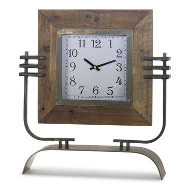 Wood Square Clock on Rustic Metal Stand 17.5"H
