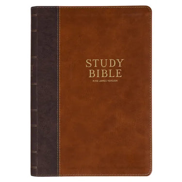 KJV Study Bible, Large Print King James Version Holy Bible, Thumb Tabs, Ribbons, Vegan Leather, Brown Two-Tone