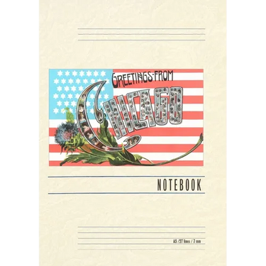 Vintage Lined Notebook Greetings from Chicago with Flag and Little Portraits