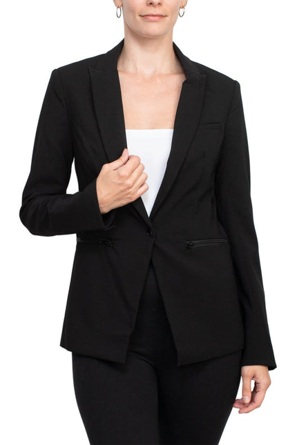 Truth lapel collar one button closure long sleeve woven blazer with zipper pocket by Curated Brands