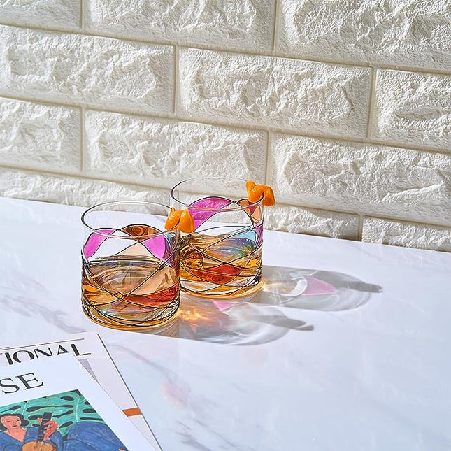 Artisanal Hand Painted Whiskey - Gift for Dad, Friends, Boyfriends, Renaissance Romantic Stain-glassed Windows Cocktail Glasses Set of 2 - Gift Idea for Birthday, Housewarming - 9.6 OZ Glassware by The Wine Savant