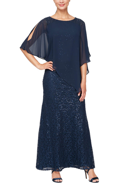 SL Fashion boat neck embellished shoulder chiffon overlay zipper back embellished lace gown by Curated Brands