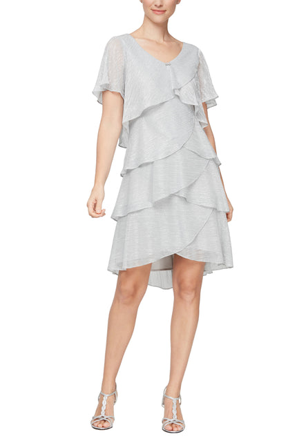 SL Fashions Shimmer Tiered Ruffle V-Neck Embellishment Short Flutter Sleeve Shift Dress by Curated Brands