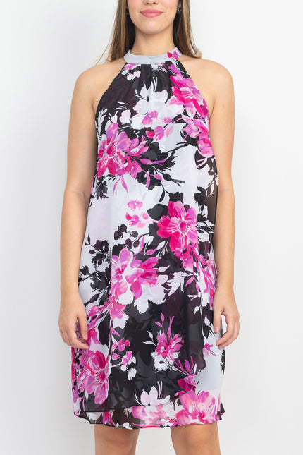 SL Fashion Halter Neck Sleeveless Floral Print Overlay Chiffon Dress by Curated Brands