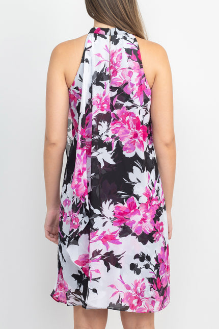 SL Fashion Halter Neck Sleeveless Floral Print Overlay Chiffon Dress by Curated Brands
