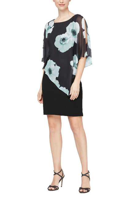 SL Fashion Floral Print Asymmetrical Chiffon Slit Shoulder Capelet Jersey Dress by Curated Brands