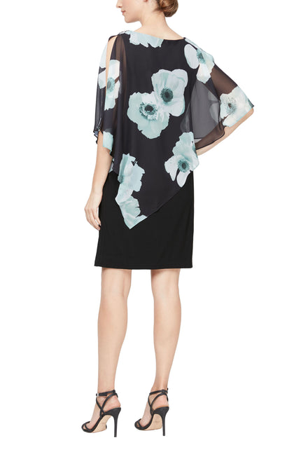 SL Fashion Floral Print Asymmetrical Chiffon Slit Shoulder Capelet Jersey Dress by Curated Brands