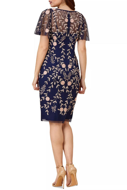 Adrianna Papell Navy Blush Flutter Sleeve Sheath Sequin Dress by Curated Brands