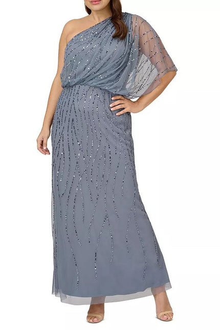 Adrianna Papell Sequin One Shoulder Illusion Sleeve Blouson Dress ( Plus Size ) by Curated Brands